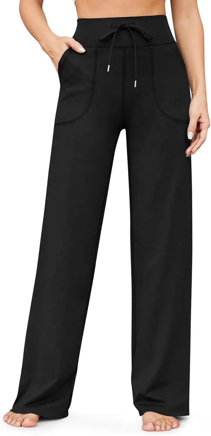 eoeioa Wide Leg Yoga Pants with Pockets for Women Elastic High Waist Straight Sweatpants Comfy Drawstring Lounge Pajama Pants