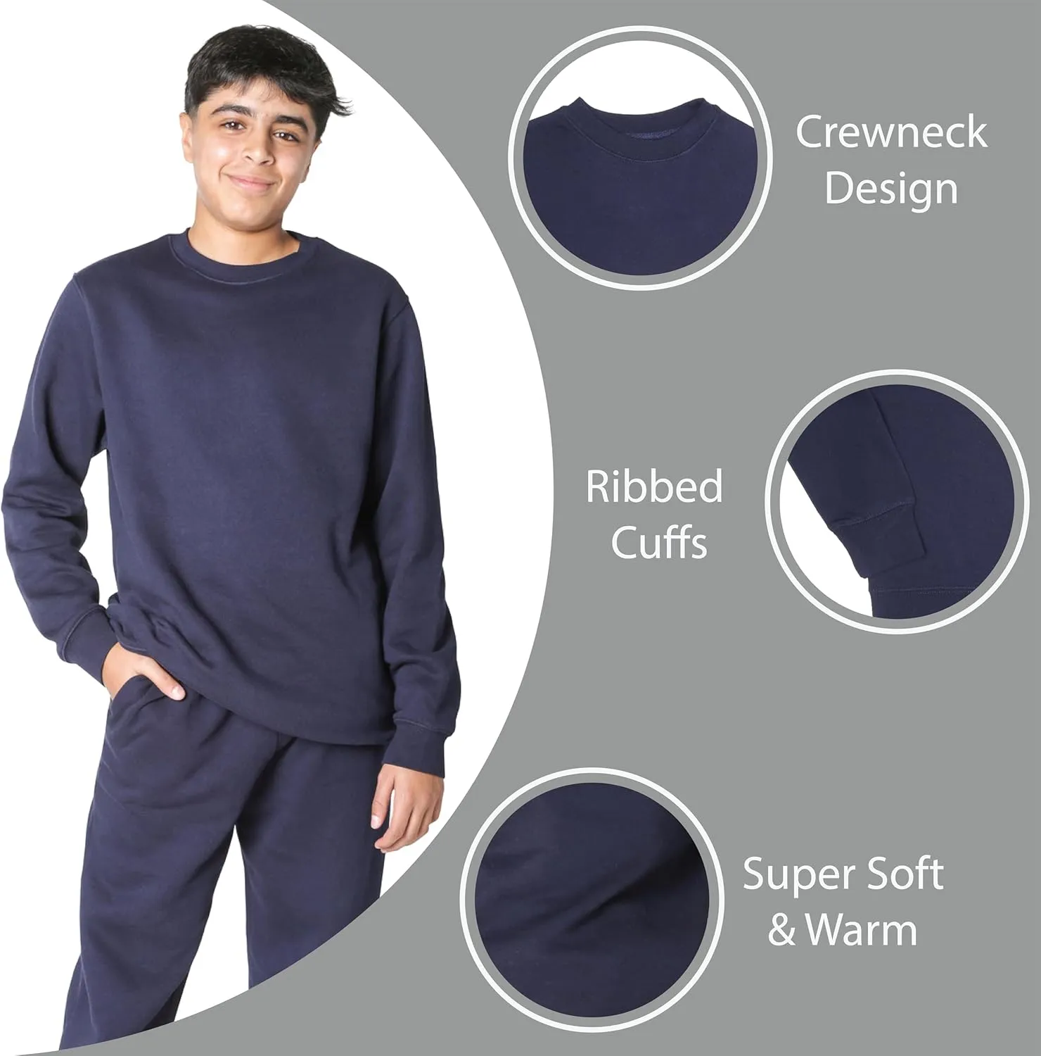 EVERYDAY KIDS Boys Fleece Crewneck Sweatshirt; Boys Long Sleeve Pullover Shirt - Soft and Breathable Cotton/Poly Blend