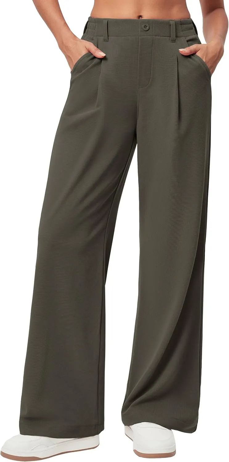 Ewedoos Wide Leg Stretchy Work Pants Slacks for Women Business Casual Pants High Waisted Waffle 26''/28'' Dress Pants