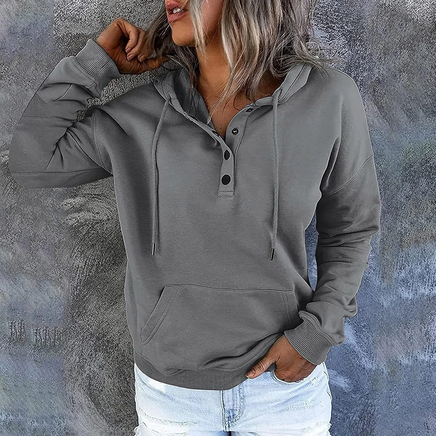 Fall Oversized Women's Sweatshirts Lightweight Solid Y2k Hoodies Casual Button Long Sleeve Drawstring Pullover Tops