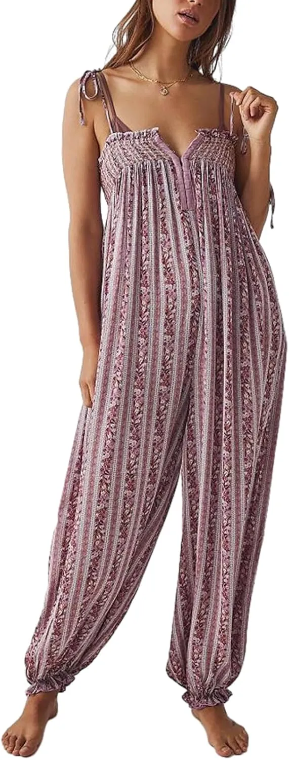 Faretumiya Women Spaghetti Strap Maxi Romper Sleeveless Loose Jumpsuits Floral Smocked Baggy Long Pant Beach Boho Jumpsuit