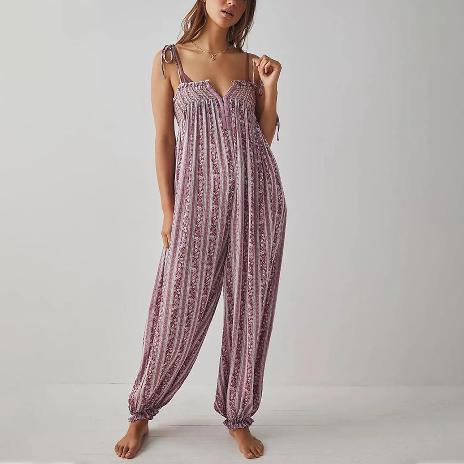 Faretumiya Women Spaghetti Strap Maxi Romper Sleeveless Loose Jumpsuits Floral Smocked Baggy Long Pant Beach Boho Jumpsuit