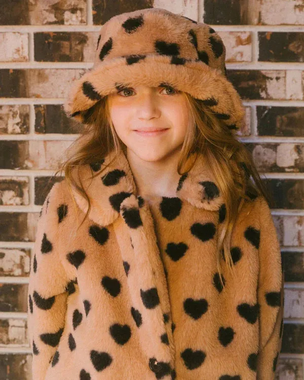Faux Fur Bucket Hat Caramel Printed Heart