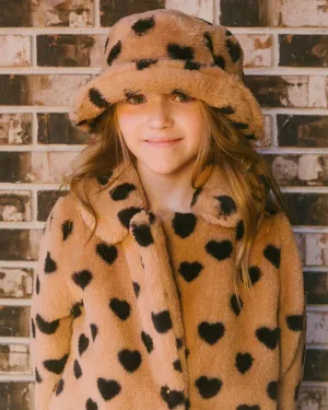 Faux Fur Bucket Hat Caramel Printed Heart