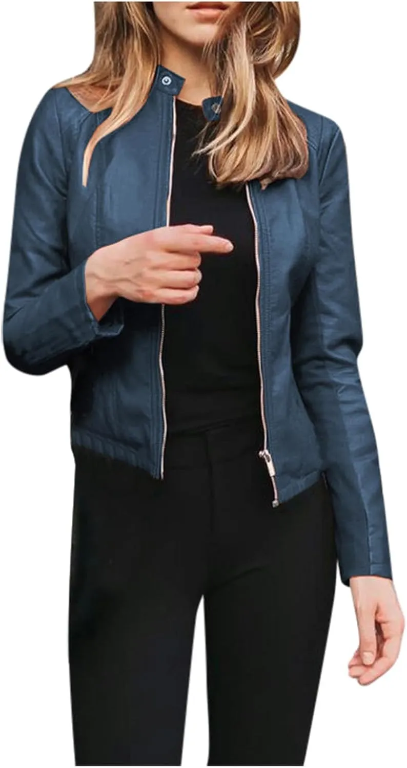 Faux Leather Jacket Women Motorcycle Short Coat Outwear Moto Biker Blazer Casual Long Sleeve Jacket Fashion Slim Coat
