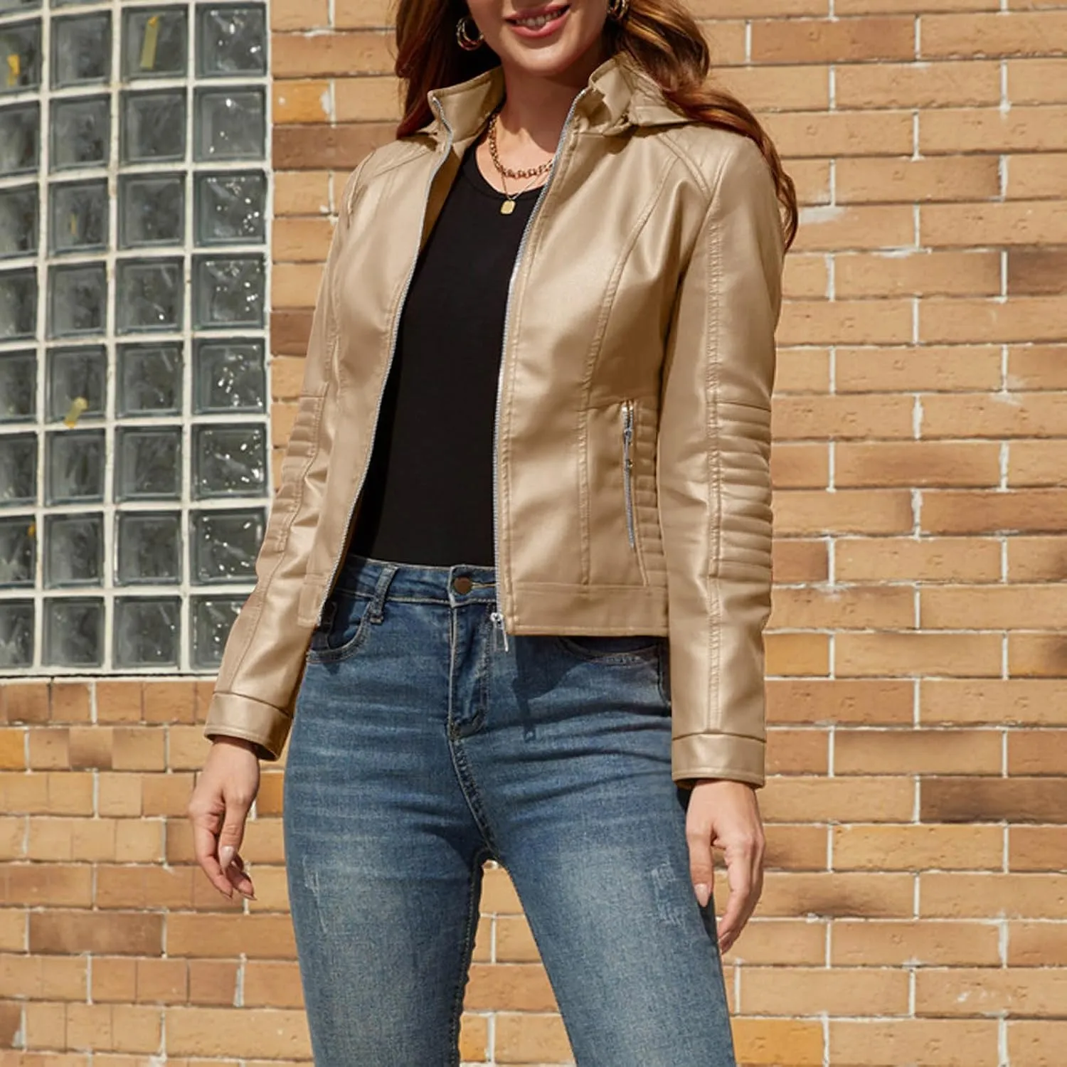 Faux Leather Jacket Women Motorcycle Zipper Bomber PU Moto Bike Coat with Zipper Pockets Fashion Cropped Outerwear