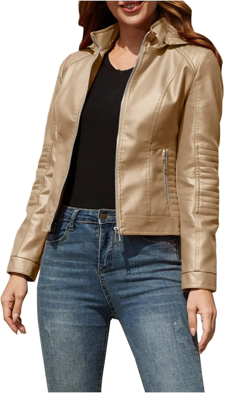 Faux Leather Jacket Women Motorcycle Zipper Bomber PU Moto Bike Coat with Zipper Pockets Fashion Cropped Outerwear