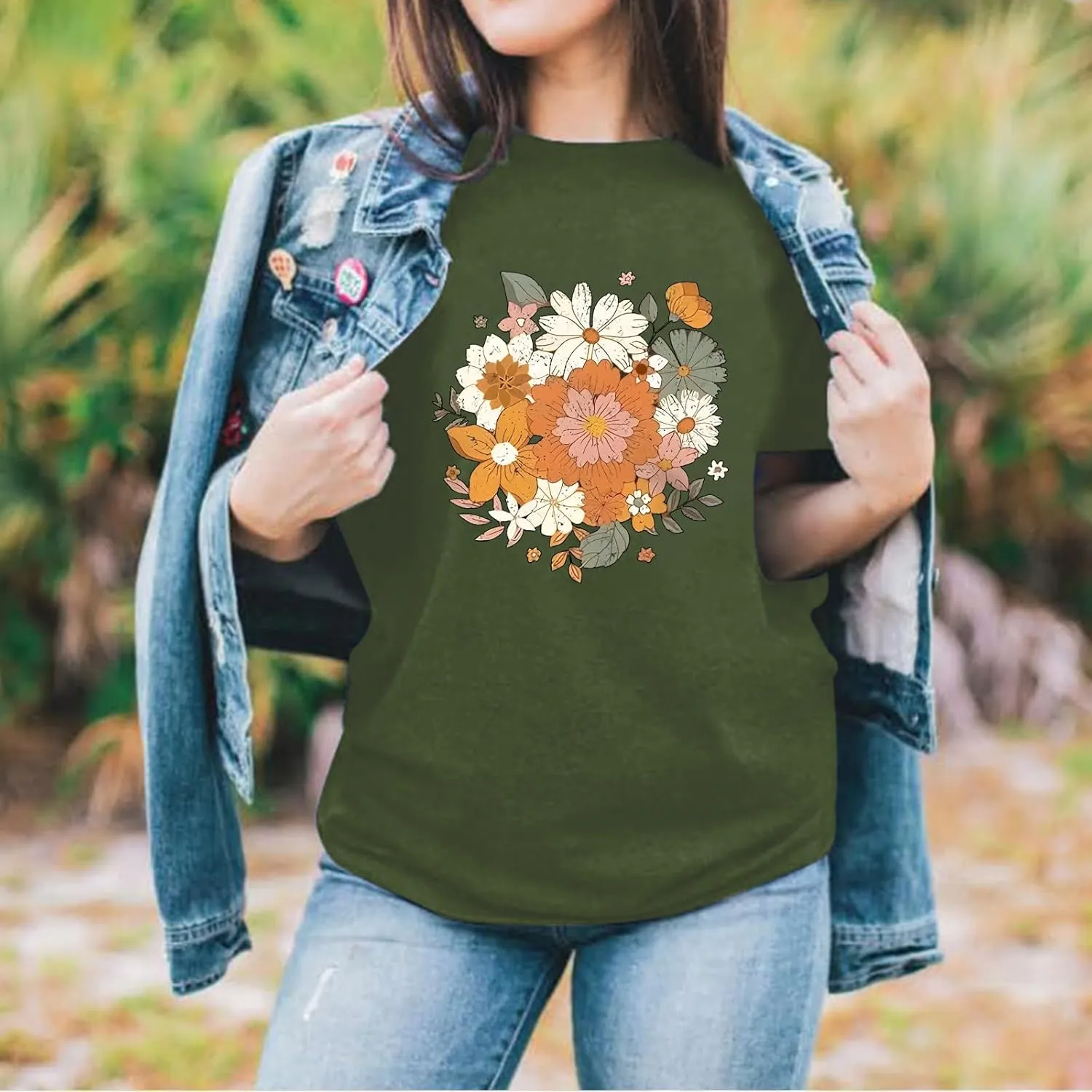 Fkatuzi Boho Floral T Shirt for Women Wildflower Plant Shirts Nature Vintage Flower Graphic Tees Botanical Cotton Tshirt