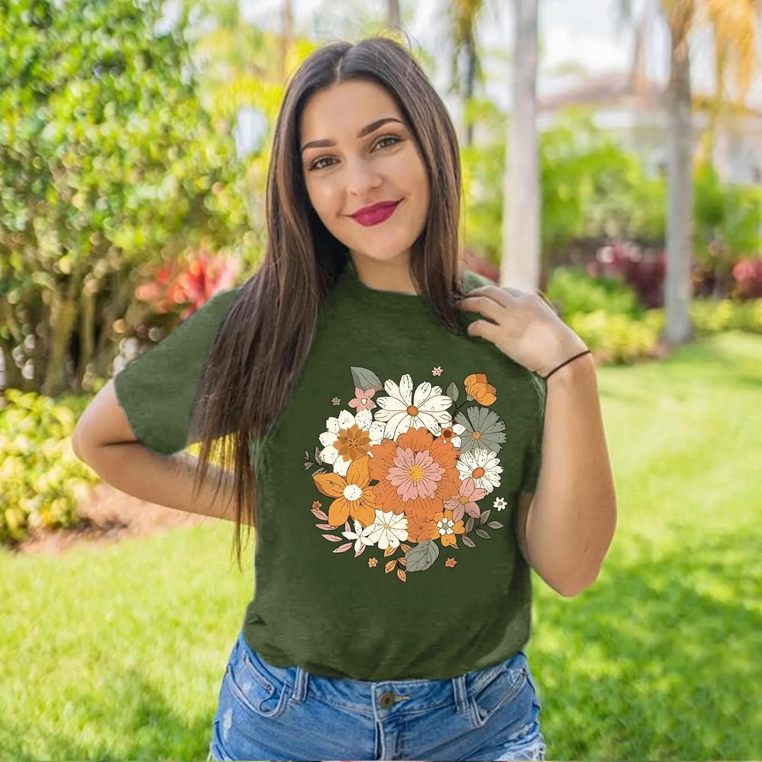 Fkatuzi Boho Floral T Shirt for Women Wildflower Plant Shirts Nature Vintage Flower Graphic Tees Botanical Cotton Tshirt