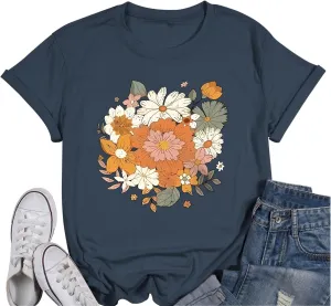 Fkatuzi Boho Floral T Shirt for Women Wildflower Plant Shirts Nature Vintage Flower Graphic Tees Botanical Cotton Tshirt