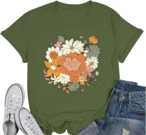 Fkatuzi Boho Floral T Shirt for Women Wildflower Plant Shirts Nature Vintage Flower Graphic Tees Botanical Cotton Tshirt