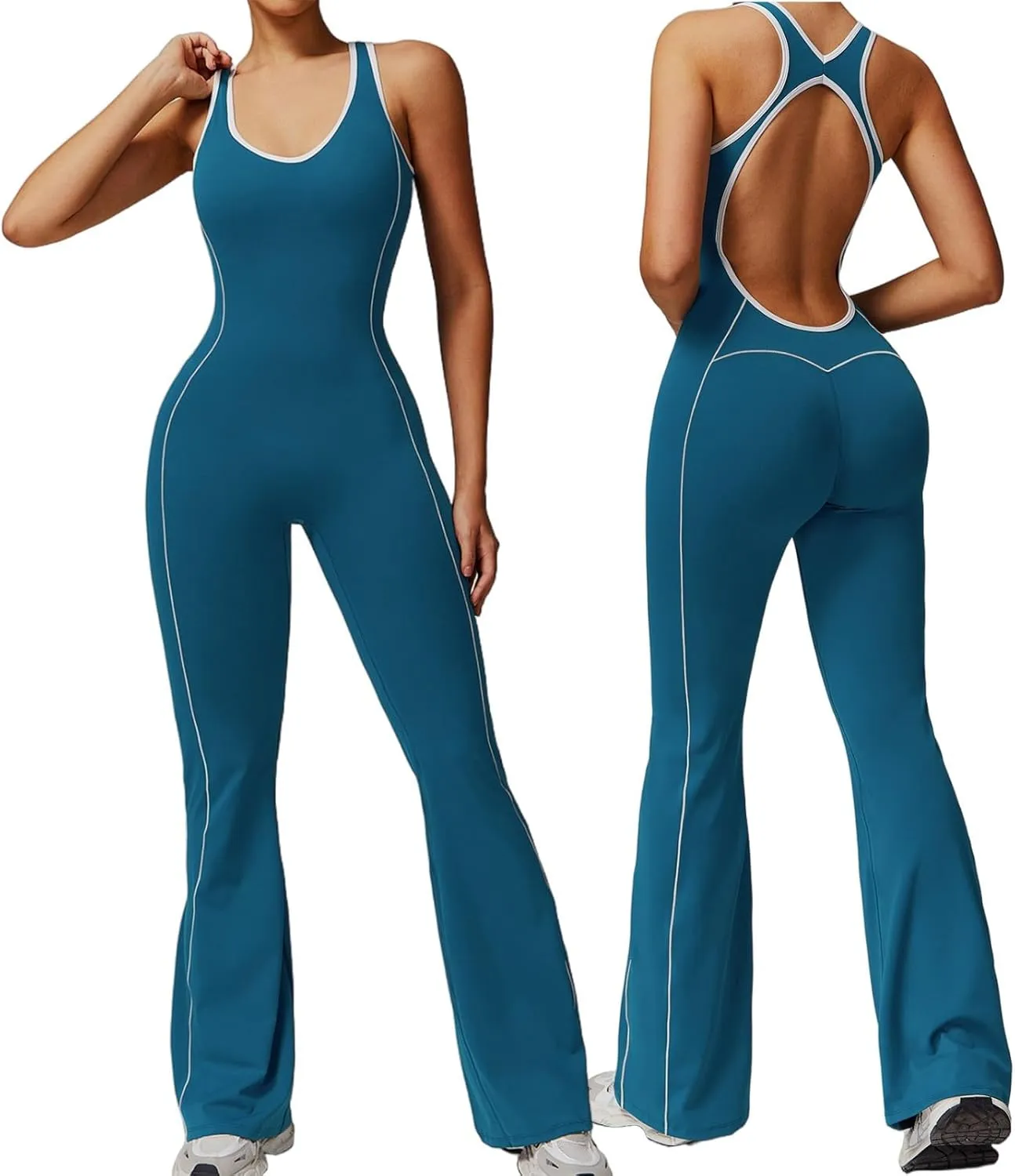 Flare Jumpsuits for Women Sidebar Sports Sleeveless Romper Backless Tummy Control Workout Outfit Unitard One Piece