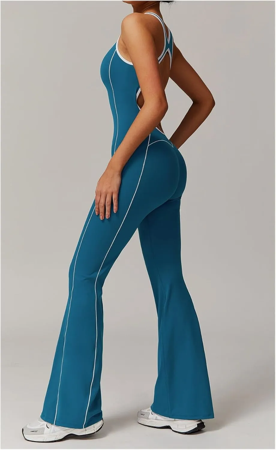 Flare Jumpsuits for Women Sidebar Sports Sleeveless Romper Backless Tummy Control Workout Outfit Unitard One Piece