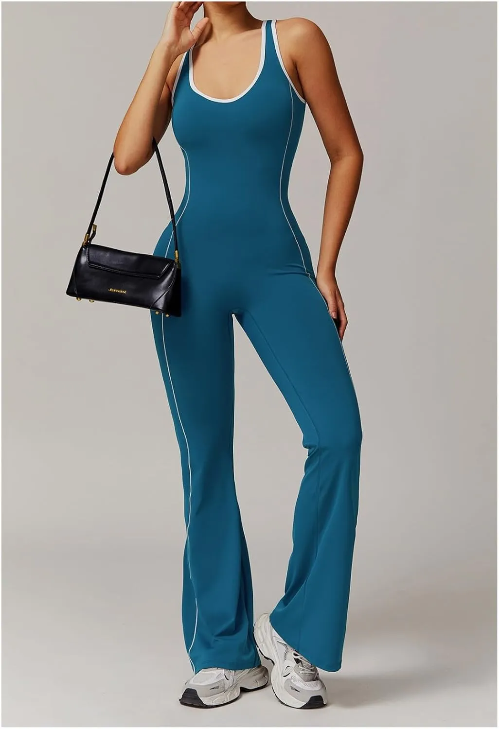 Flare Jumpsuits for Women Sidebar Sports Sleeveless Romper Backless Tummy Control Workout Outfit Unitard One Piece