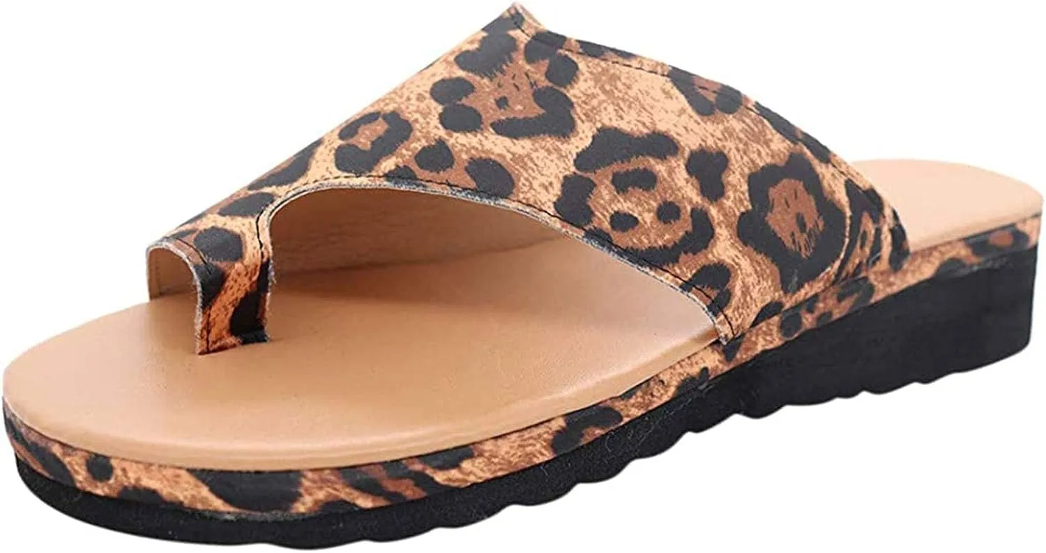 Flip Flops Bunion Sandals for Women Orthopedic Flat Shoes Toe Ring Slide Flip Flop Slippers Wide Feet Cute Comfortable Beaches Shower Shoes Slides,Cheetah Print,37