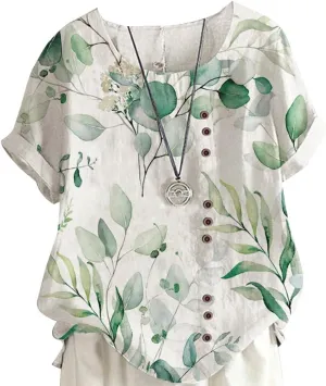 Floral Cotton Linen Summer Tops for Women Short Sleeve Crewneck Boho Shirts Top