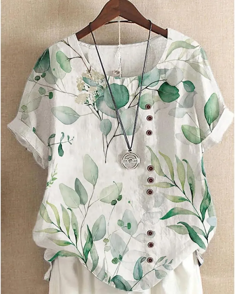 Floral Cotton Linen Summer Tops for Women Short Sleeve Crewneck Boho Shirts Top