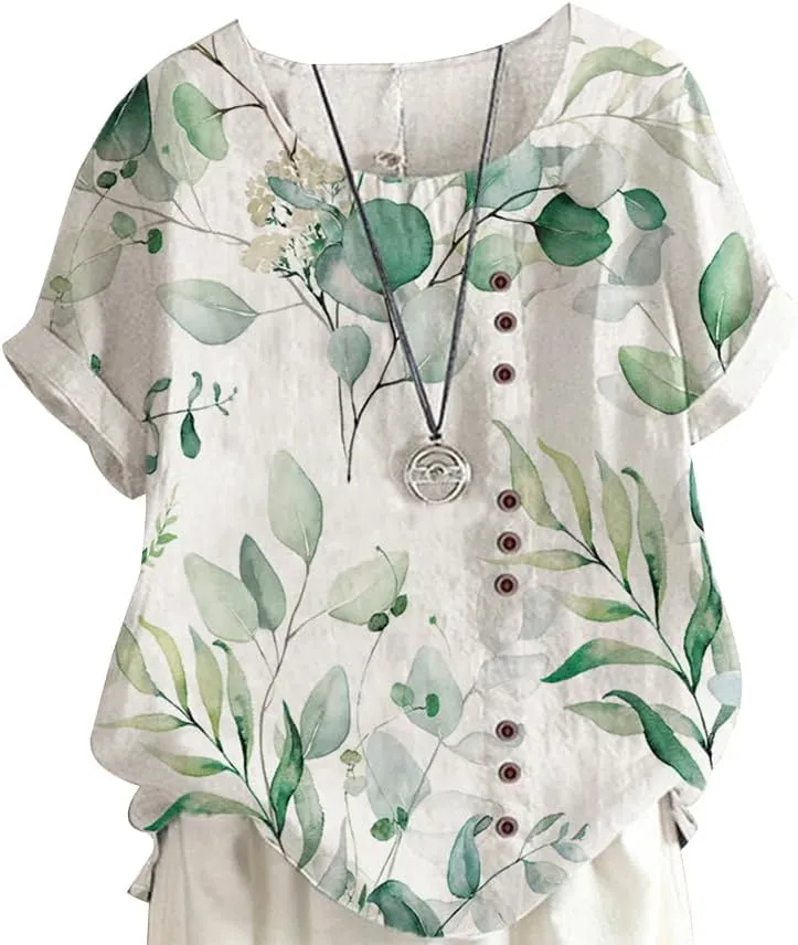Floral Cotton Linen Summer Tops for Women Short Sleeve Crewneck Boho Shirts Top