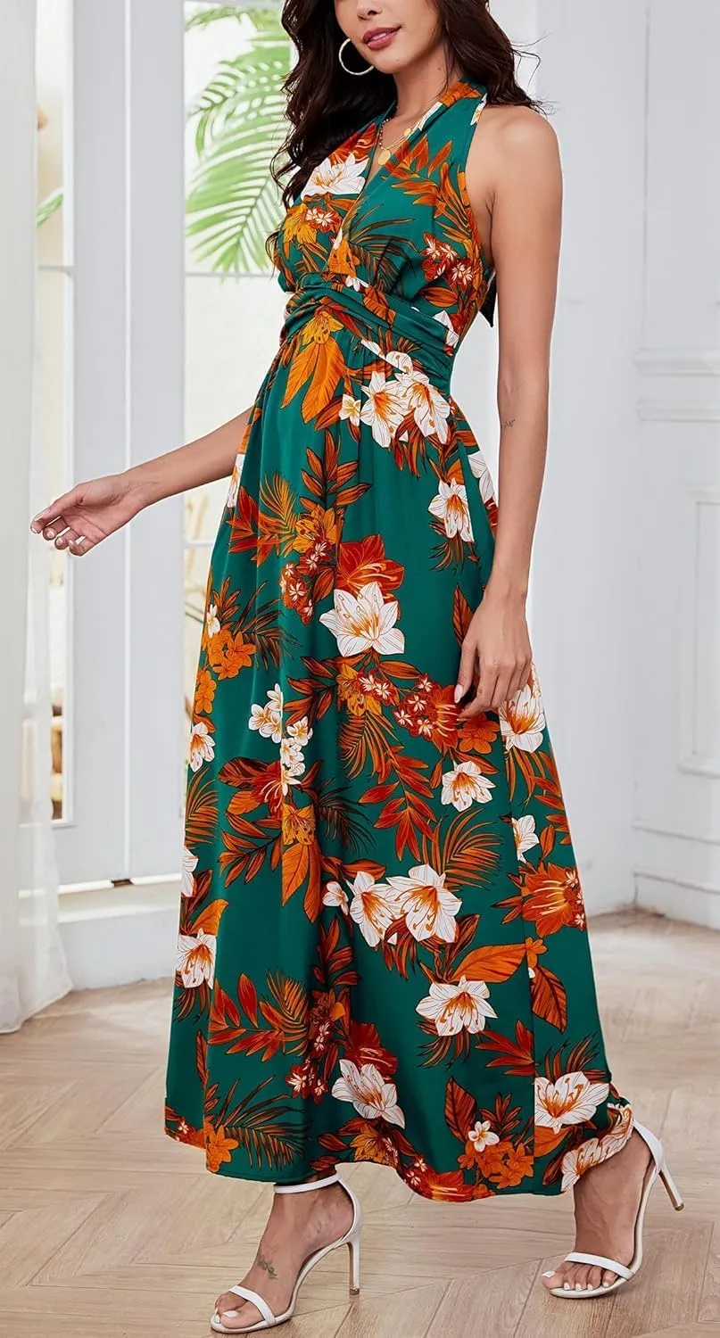 Floral Dress for Women Halter Neck Sleeveless 2025 Summer Sundress Swing Beach Long Maxi Dress Casual Flowy Ladies Outfits