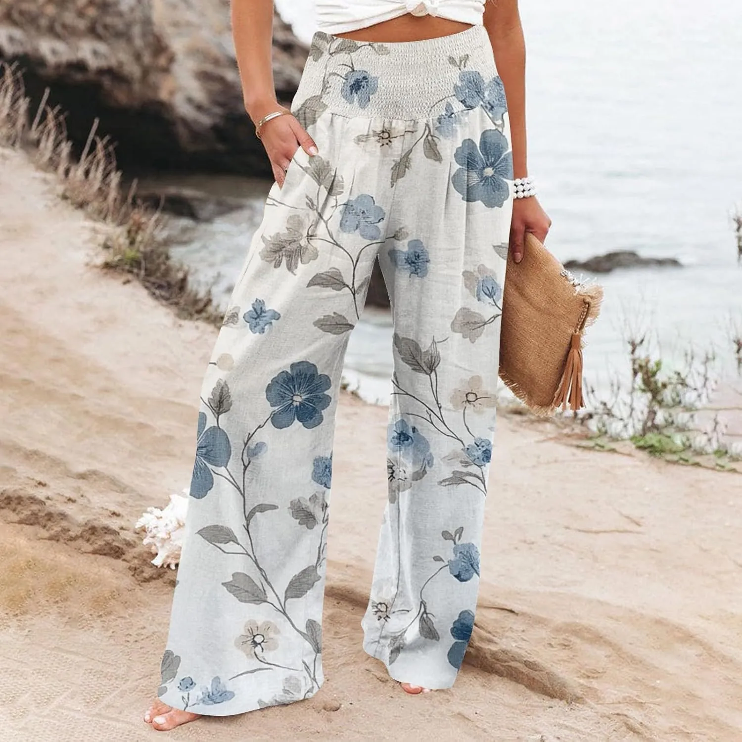 Flowy Palazzo Pants for Women Wide Leg Smocked High Waist Beach Vacation Outfits Summer Casual Boho Loose Trousers