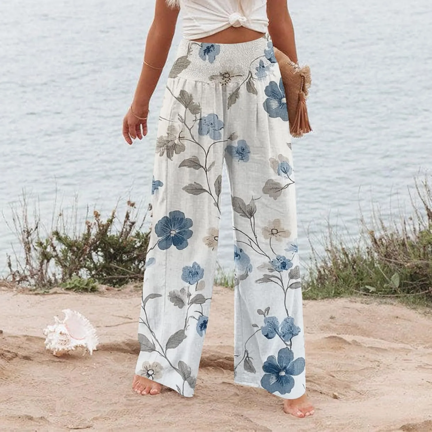 Flowy Palazzo Pants for Women Wide Leg Smocked High Waist Beach Vacation Outfits Summer Casual Boho Loose Trousers