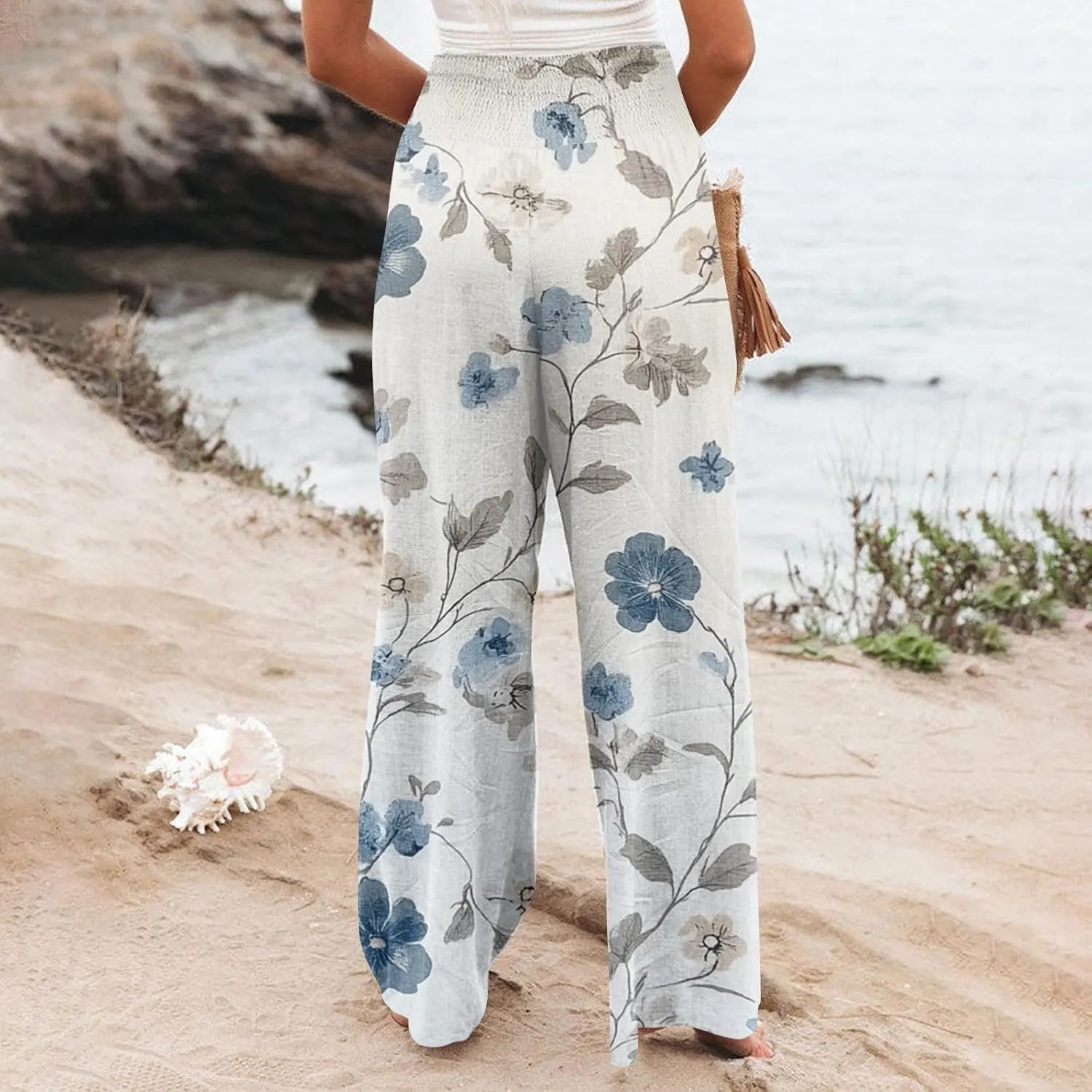 Flowy Palazzo Pants for Women Wide Leg Smocked High Waist Beach Vacation Outfits Summer Casual Boho Loose Trousers