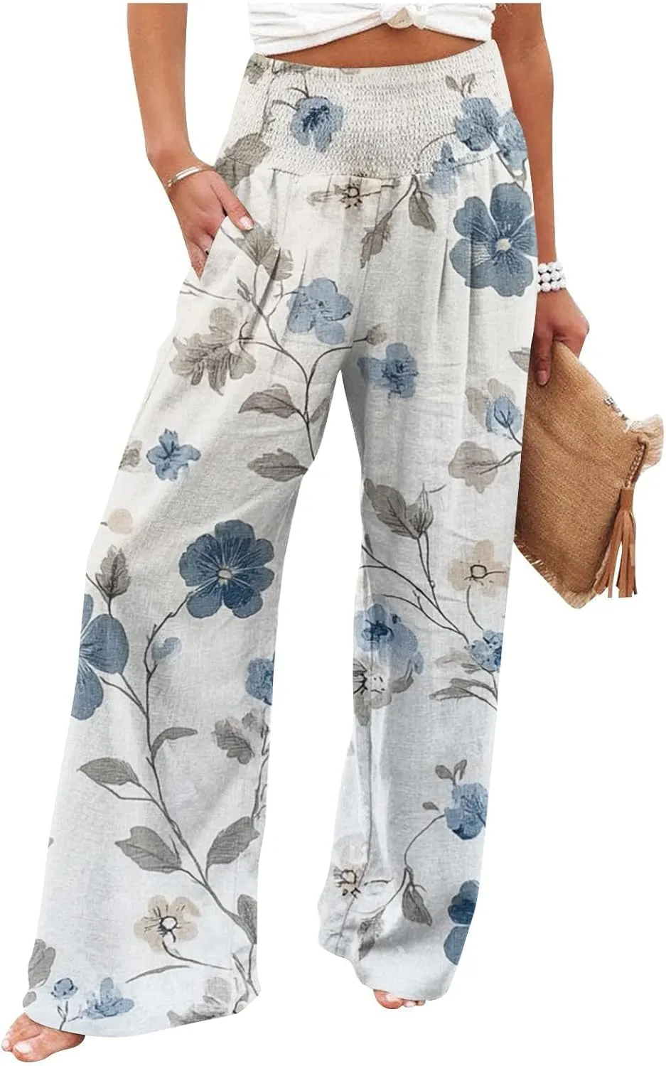Flowy Palazzo Pants for Women Wide Leg Smocked High Waist Beach Vacation Outfits Summer Casual Boho Loose Trousers