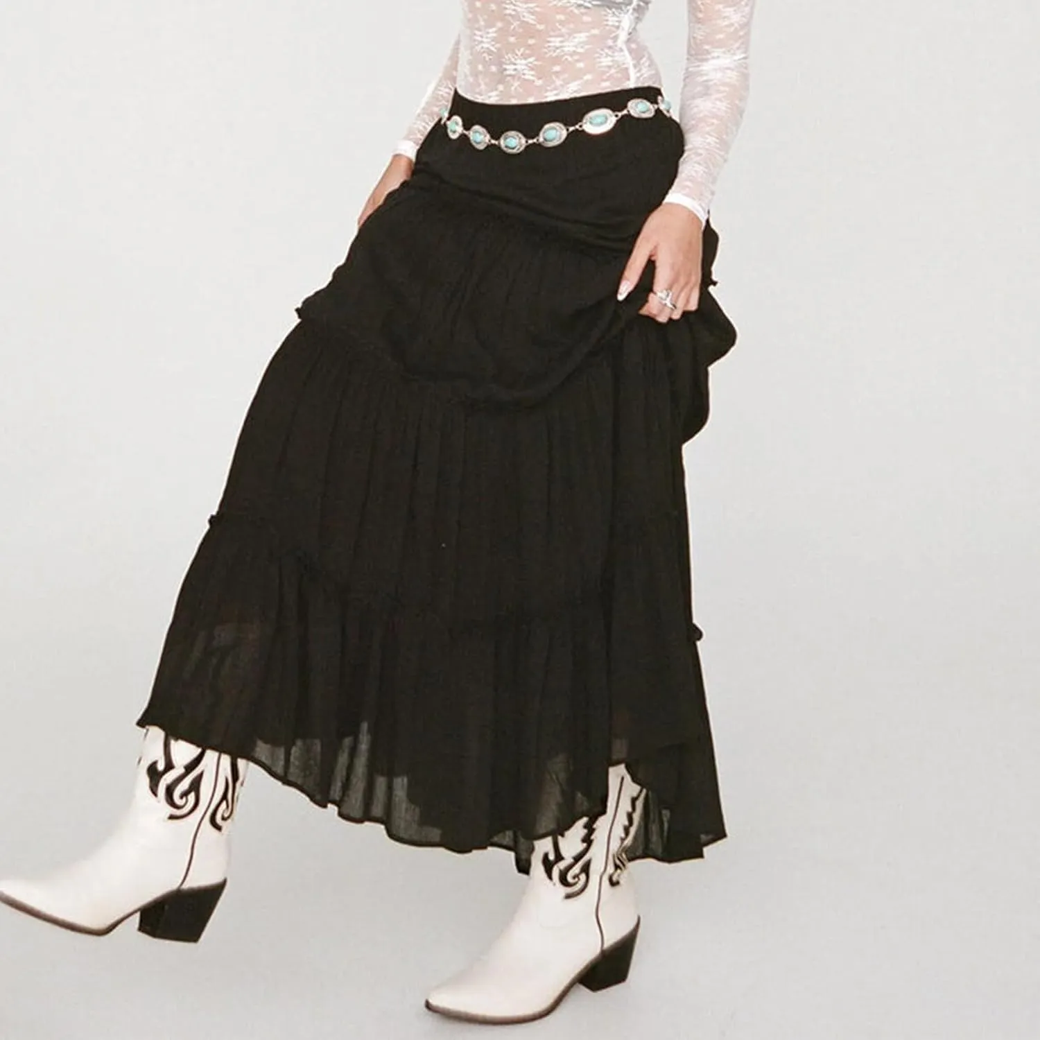 FOMOYUU Tiered Long Skirts for Women Elastic Waist Pleated Flowy A-Line Maxi Skirt Ruffle Swing Boho Summer Beach Skirt