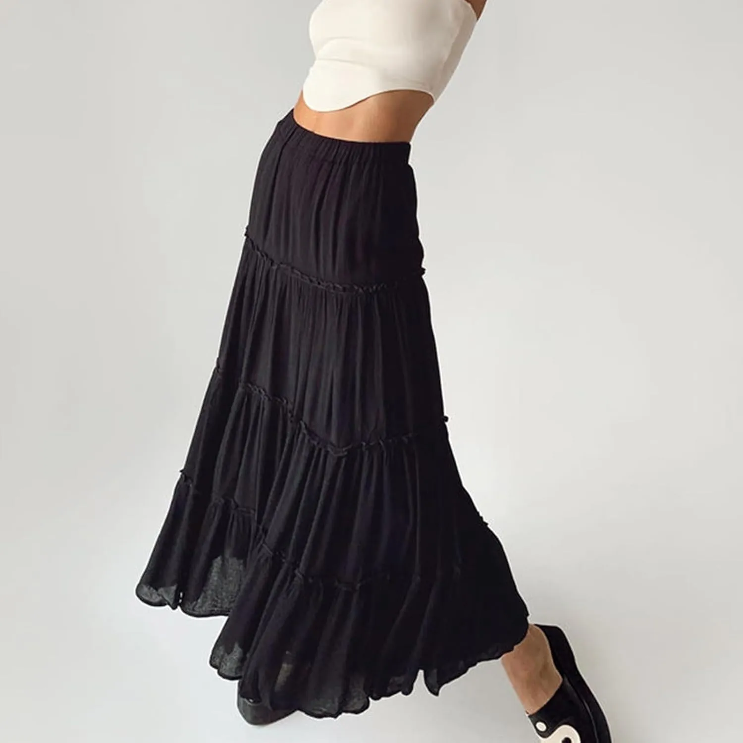 FOMOYUU Tiered Long Skirts for Women Elastic Waist Pleated Flowy A-Line Maxi Skirt Ruffle Swing Boho Summer Beach Skirt