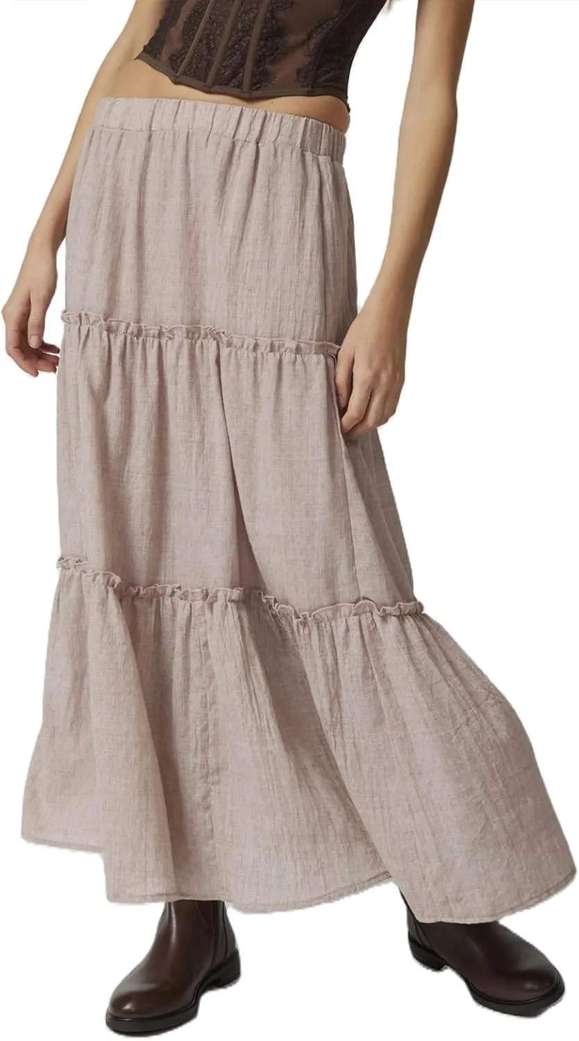 FOMOYUU Tiered Long Skirts for Women Elastic Waist Pleated Flowy A-Line Maxi Skirt Ruffle Swing Boho Summer Beach Skirt