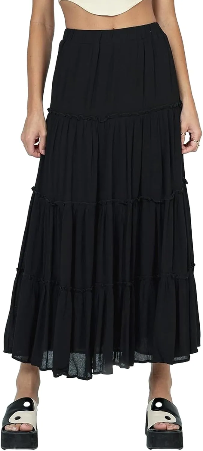 FOMOYUU Tiered Long Skirts for Women Elastic Waist Pleated Flowy A-Line Maxi Skirt Ruffle Swing Boho Summer Beach Skirt