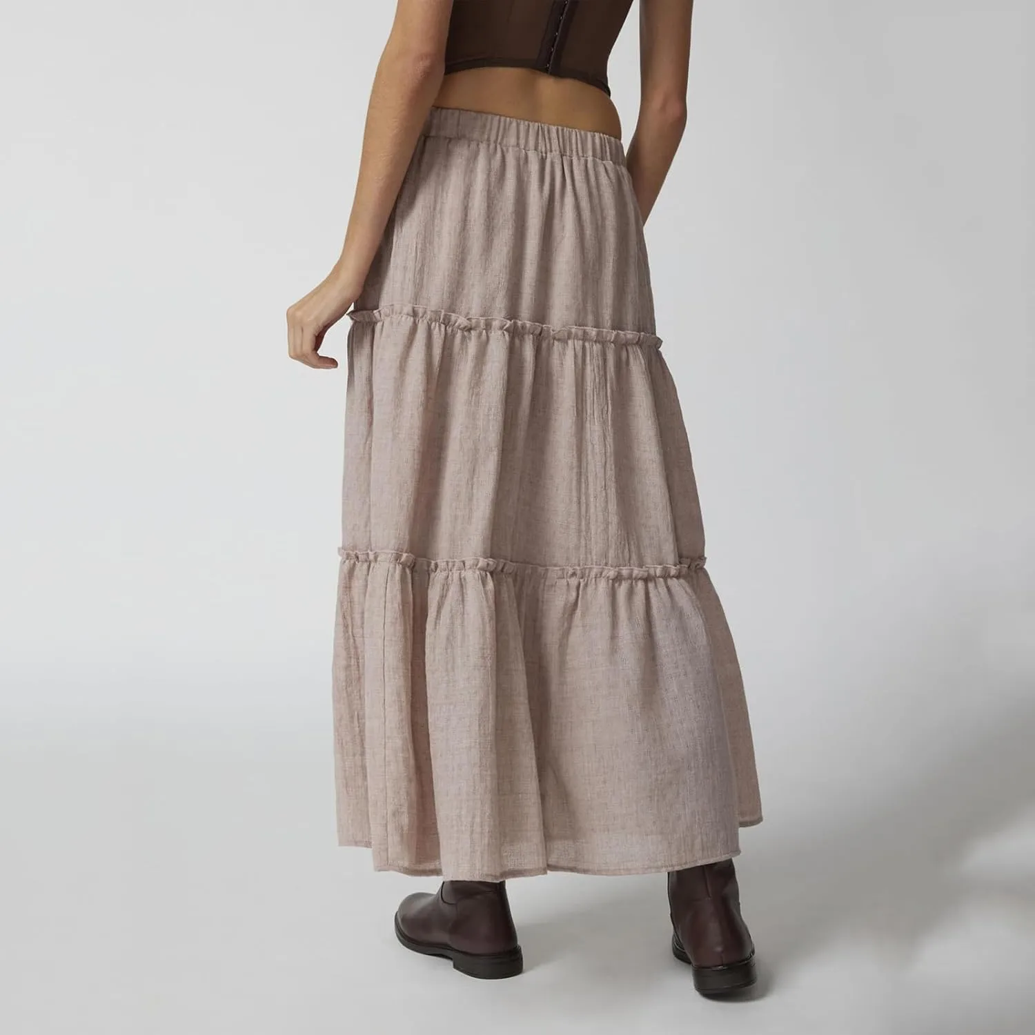 FOMOYUU Tiered Long Skirts for Women Elastic Waist Pleated Flowy A-Line Maxi Skirt Ruffle Swing Boho Summer Beach Skirt