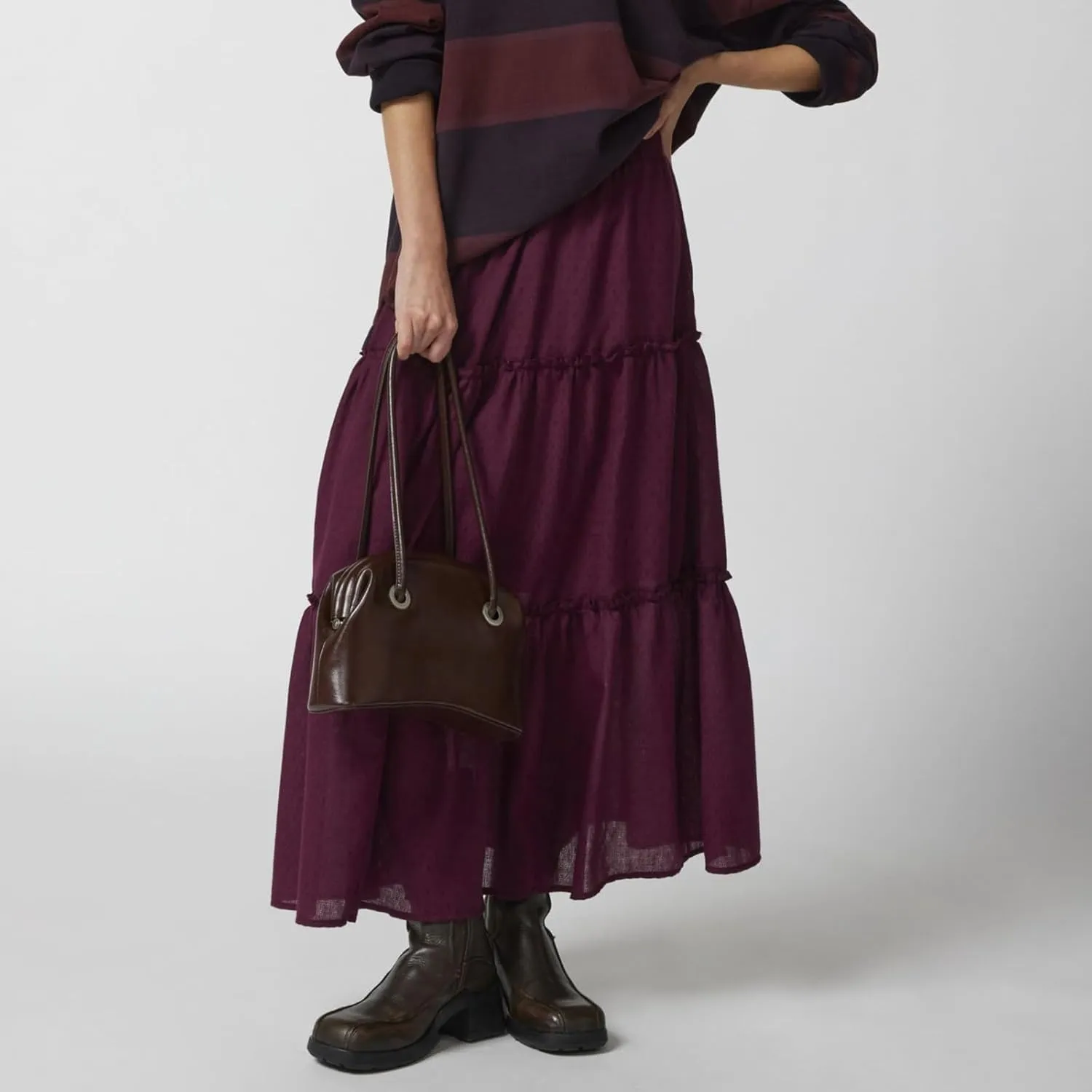 FOMOYUU Tiered Long Skirts for Women Elastic Waist Pleated Flowy A-Line Maxi Skirt Ruffle Swing Boho Summer Beach Skirt