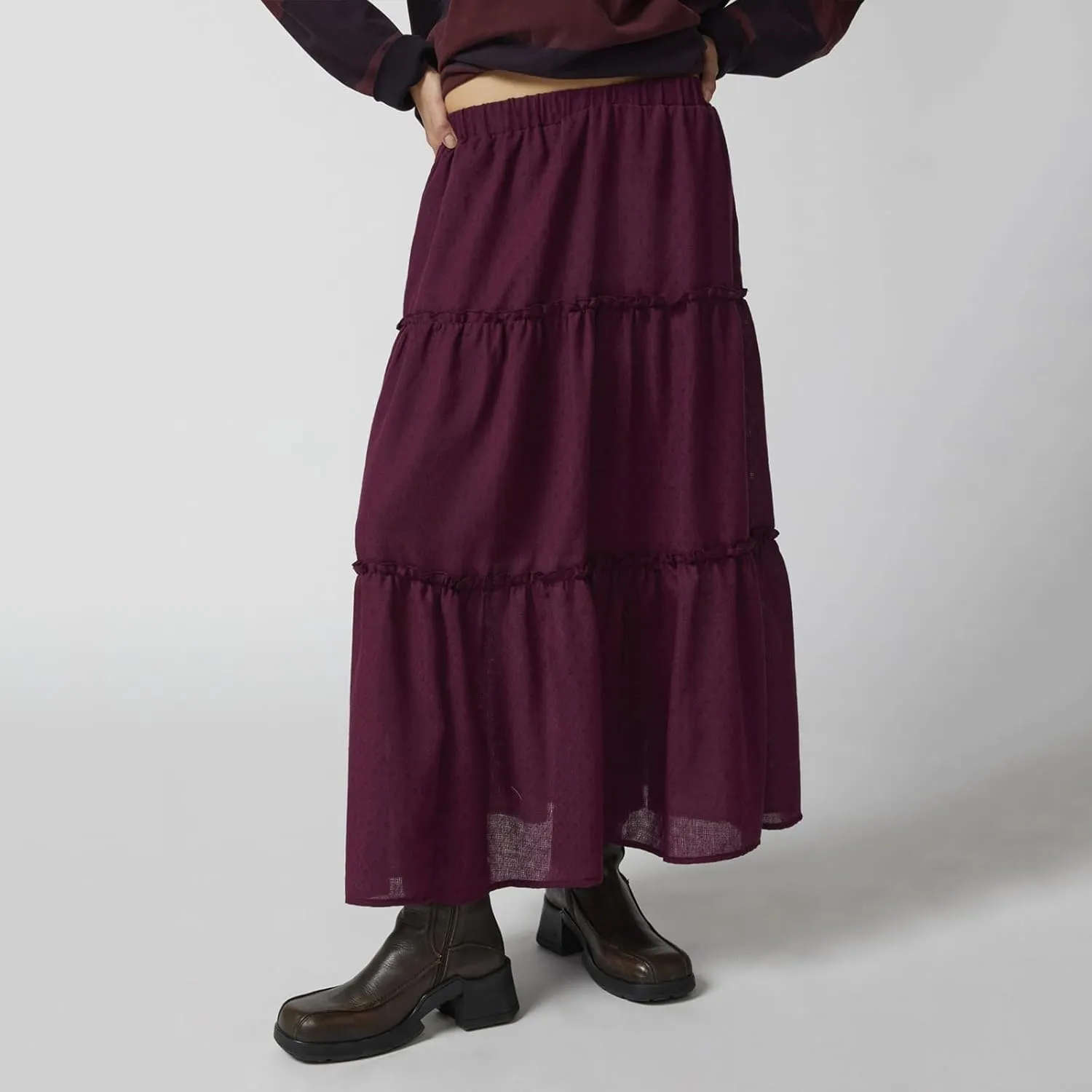 FOMOYUU Tiered Long Skirts for Women Elastic Waist Pleated Flowy A-Line Maxi Skirt Ruffle Swing Boho Summer Beach Skirt