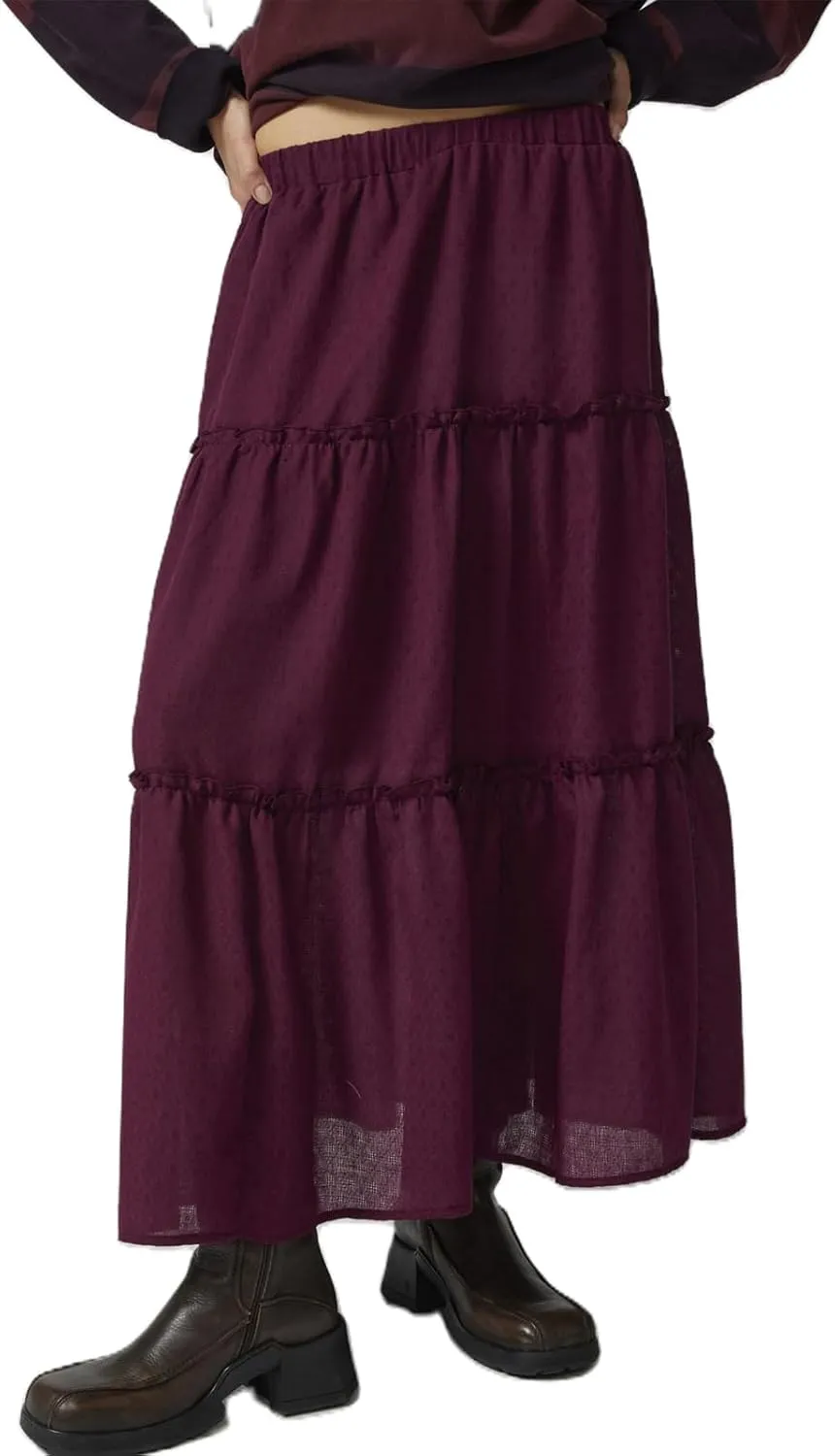 FOMOYUU Tiered Long Skirts for Women Elastic Waist Pleated Flowy A-Line Maxi Skirt Ruffle Swing Boho Summer Beach Skirt