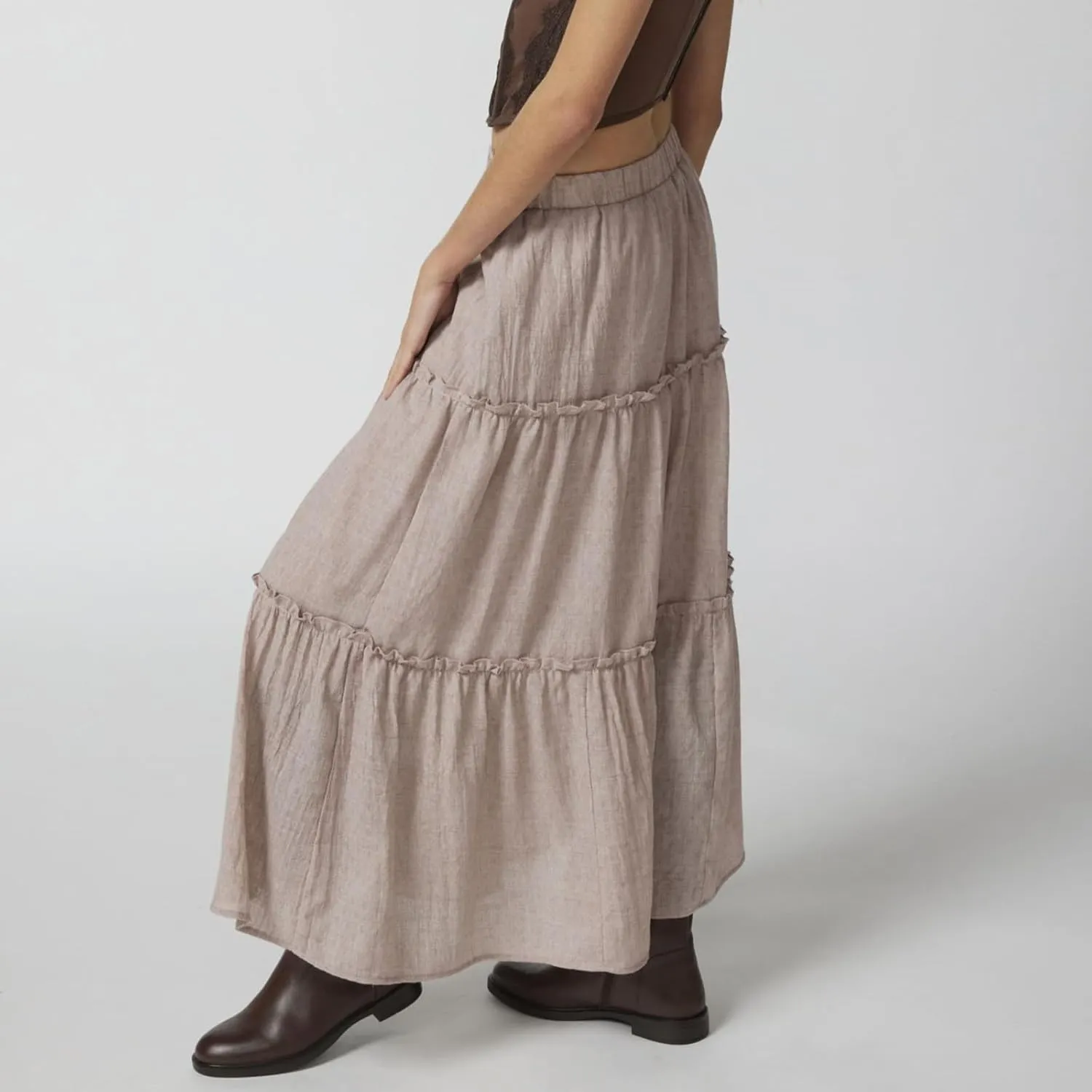 FOMOYUU Tiered Long Skirts for Women Elastic Waist Pleated Flowy A-Line Maxi Skirt Ruffle Swing Boho Summer Beach Skirt