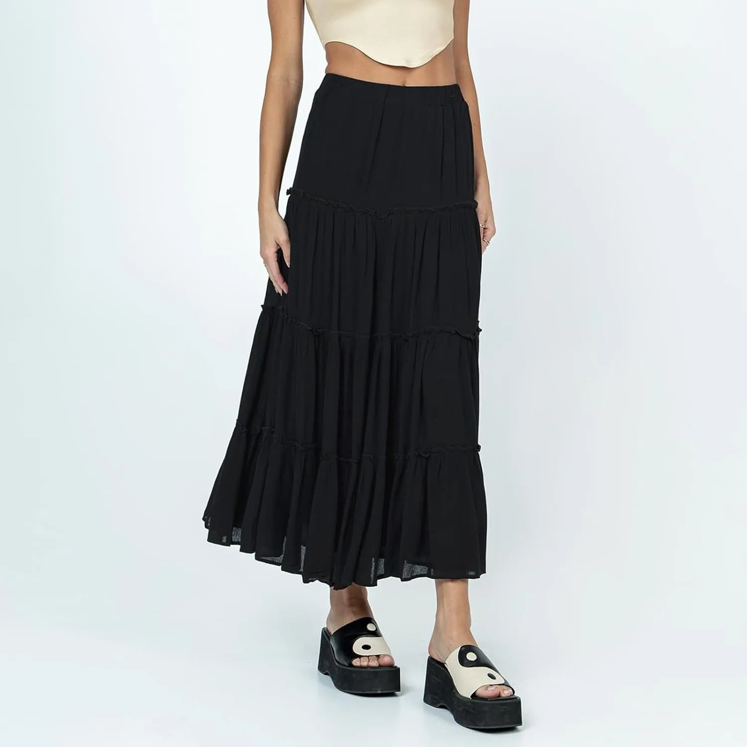 FOMOYUU Tiered Long Skirts for Women Elastic Waist Pleated Flowy A-Line Maxi Skirt Ruffle Swing Boho Summer Beach Skirt
