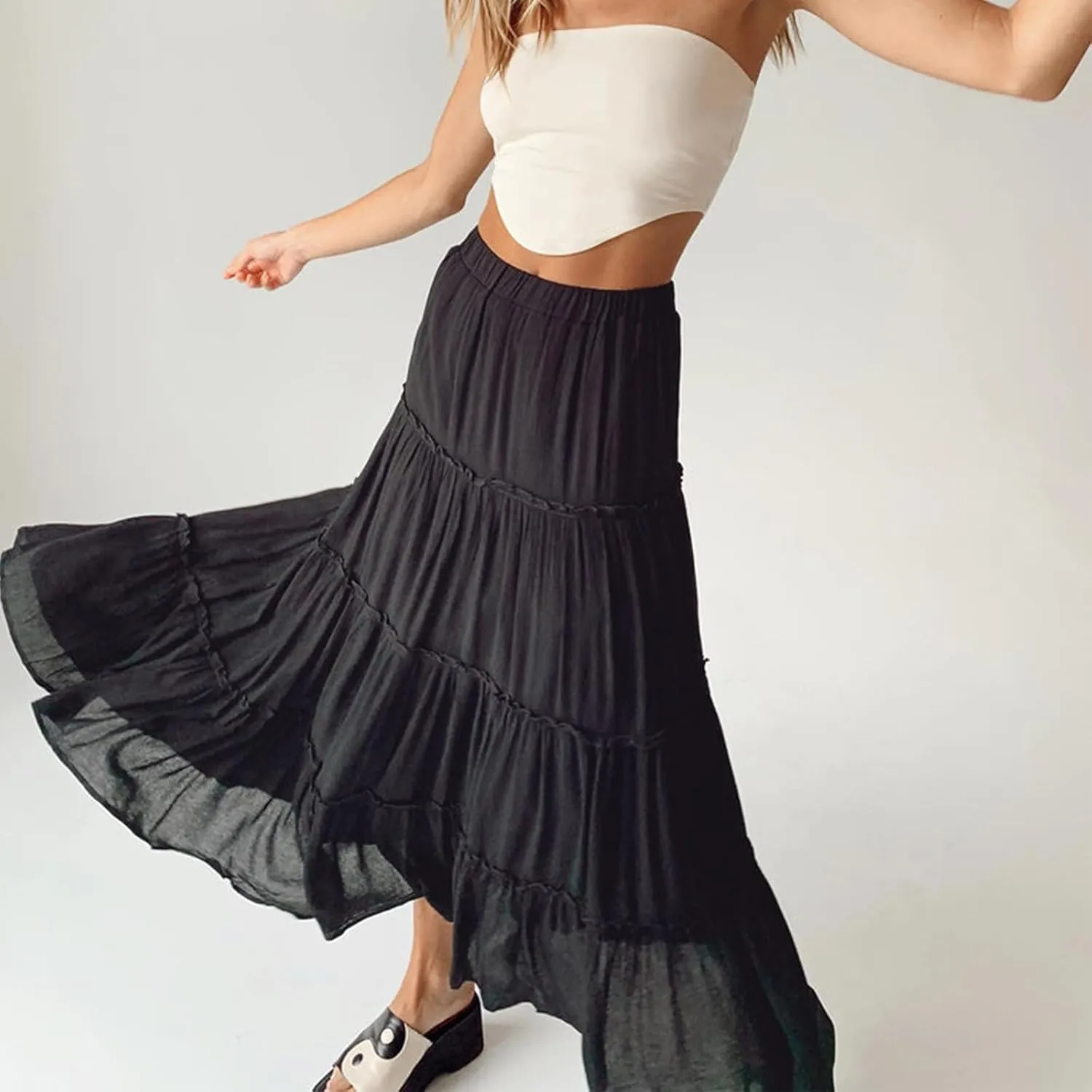 FOMOYUU Tiered Long Skirts for Women Elastic Waist Pleated Flowy A-Line Maxi Skirt Ruffle Swing Boho Summer Beach Skirt