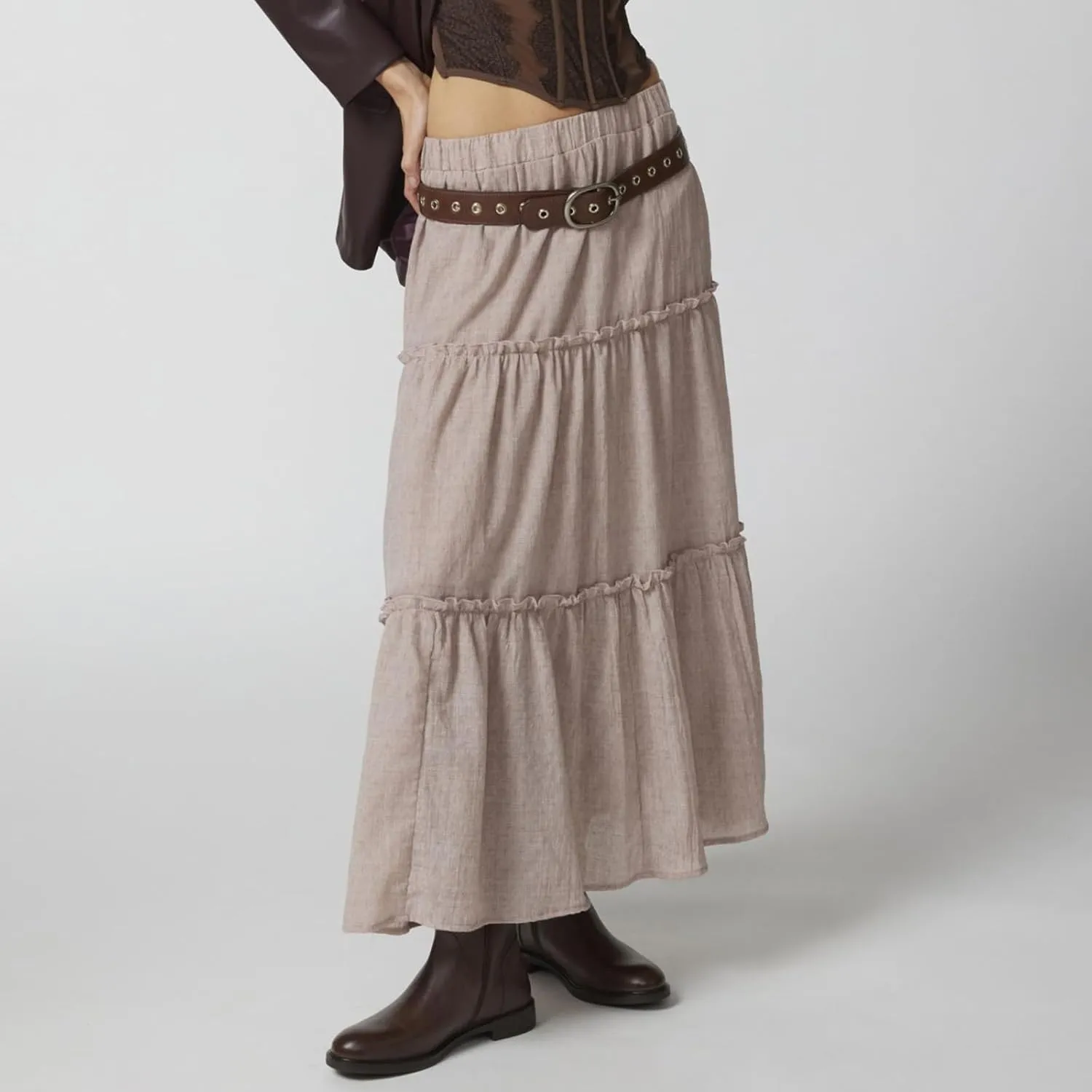 FOMOYUU Tiered Long Skirts for Women Elastic Waist Pleated Flowy A-Line Maxi Skirt Ruffle Swing Boho Summer Beach Skirt
