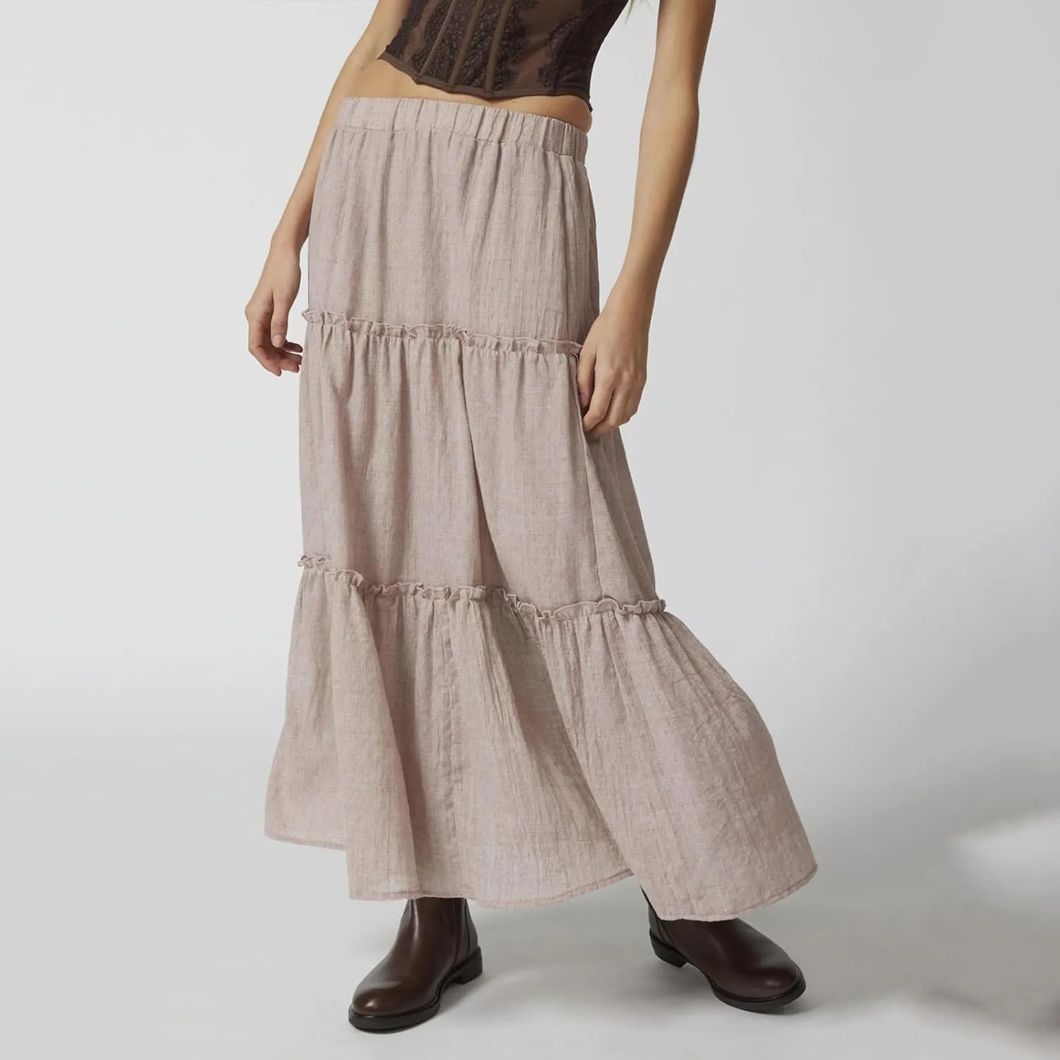 FOMOYUU Tiered Long Skirts for Women Elastic Waist Pleated Flowy A-Line Maxi Skirt Ruffle Swing Boho Summer Beach Skirt