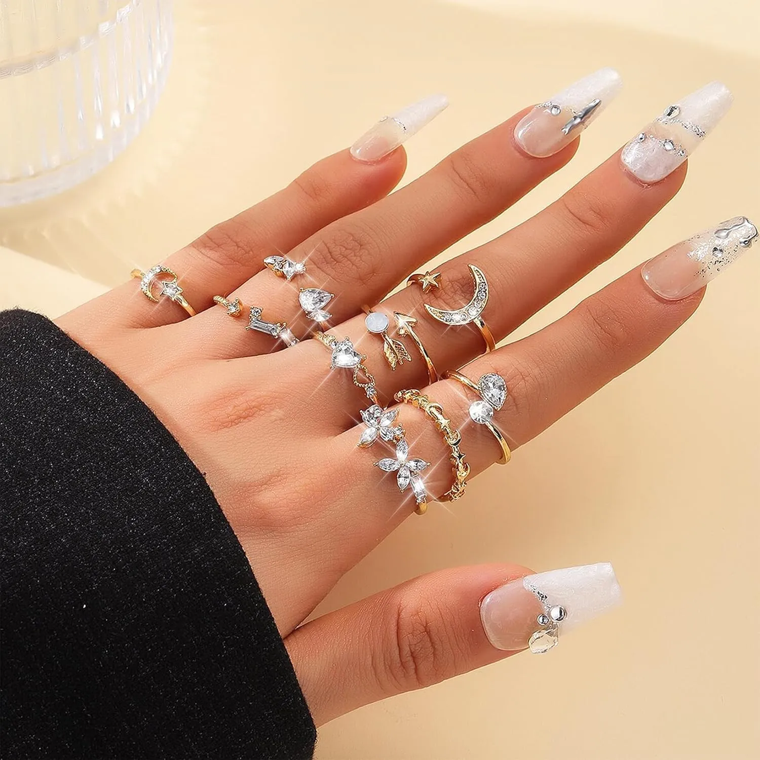 Frodete Gold Bow Rings Set for Women Trendy Ribbon Heart Rings Pearl Ring Silver Stackable Rings Adjustable Open Knuckle Midi Rings Jewelry Gifts