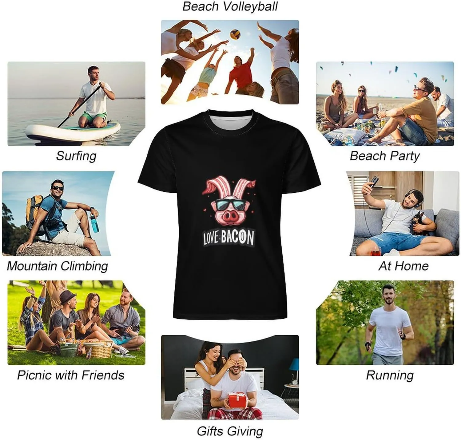 Funny Bacon I Love Bacon Mens T-Shirts Short Sleeve Crew Shirts Summer Tee Top Casual Clothing for Beach Athletic Workout