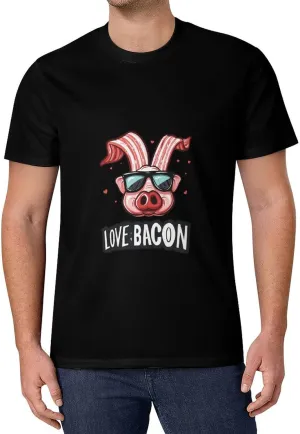 Funny Bacon I Love Bacon Mens T-Shirts Short Sleeve Crew Shirts Summer Tee Top Casual Clothing for Beach Athletic Workout