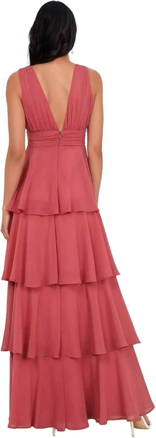 GDJDIFK Tiered Ruffles Bridesmaid Dresses 2025 Long Chiffon A-Line Wedding Party Dress V-Neck Formal Evening Gowns for Women