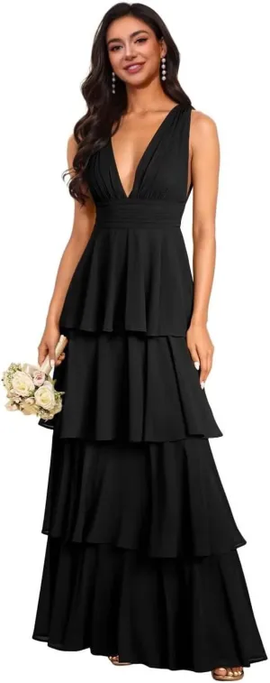 GDJDIFK Tiered Ruffles Bridesmaid Dresses 2025 Long Chiffon A-Line Wedding Party Dress V-Neck Formal Evening Gowns for Women