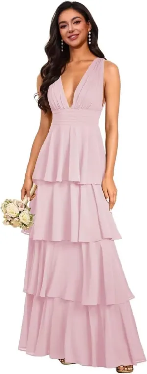 GDJDIFK Tiered Ruffles Bridesmaid Dresses 2025 Long Chiffon A-Line Wedding Party Dress V-Neck Formal Evening Gowns for Women