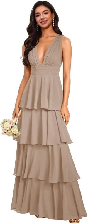 GDJDIFK Tiered Ruffles Bridesmaid Dresses 2025 Long Chiffon A-Line Wedding Party Dress V-Neck Formal Evening Gowns for Women