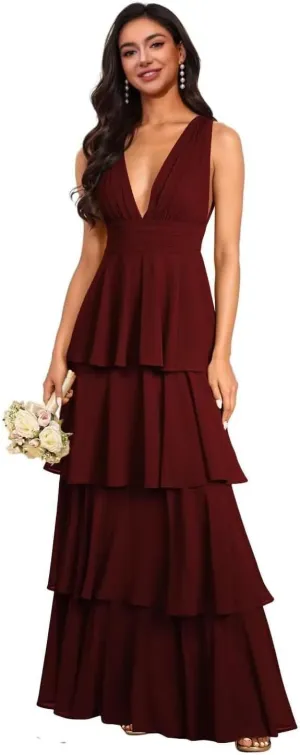 GDJDIFK Tiered Ruffles Bridesmaid Dresses 2025 Long Chiffon A-Line Wedding Party Dress V-Neck Formal Evening Gowns for Women