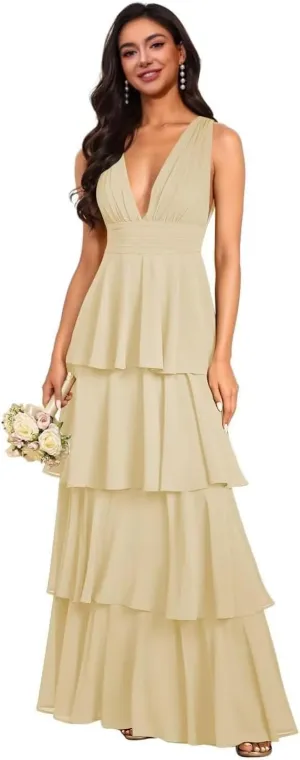 GDJDIFK Tiered Ruffles Bridesmaid Dresses 2025 Long Chiffon A-Line Wedding Party Dress V-Neck Formal Evening Gowns for Women