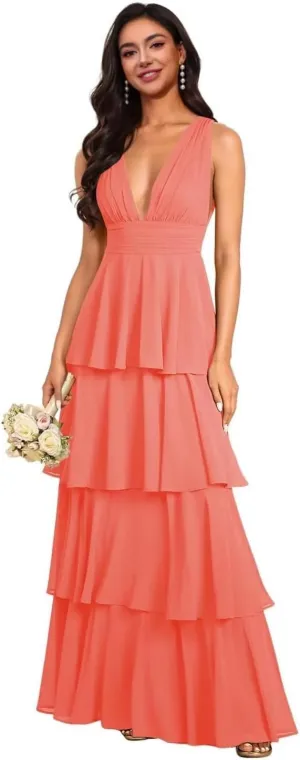 GDJDIFK Tiered Ruffles Bridesmaid Dresses 2025 Long Chiffon A-Line Wedding Party Dress V-Neck Formal Evening Gowns for Women